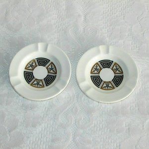 2 WEDGWOOD ASIA Bone China Ashtrays Black Gold Greek Key Design
